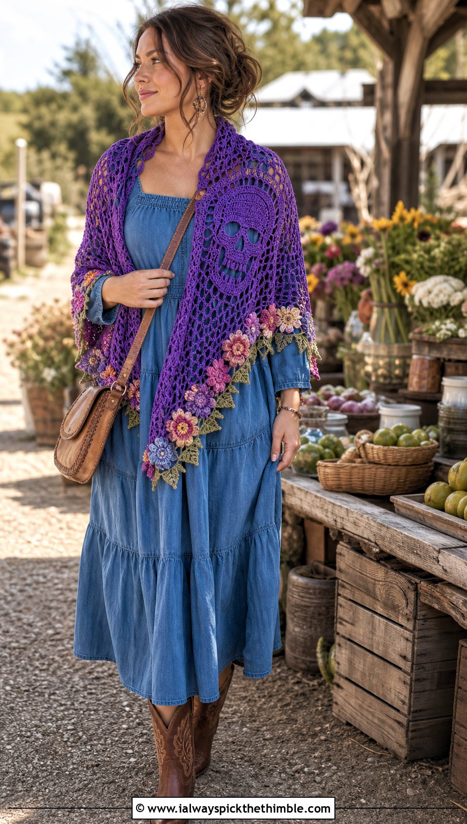 Floral Border Crochet Skull Shawl With Prairie Dress - 25 crochet skull shawl outfit ideas