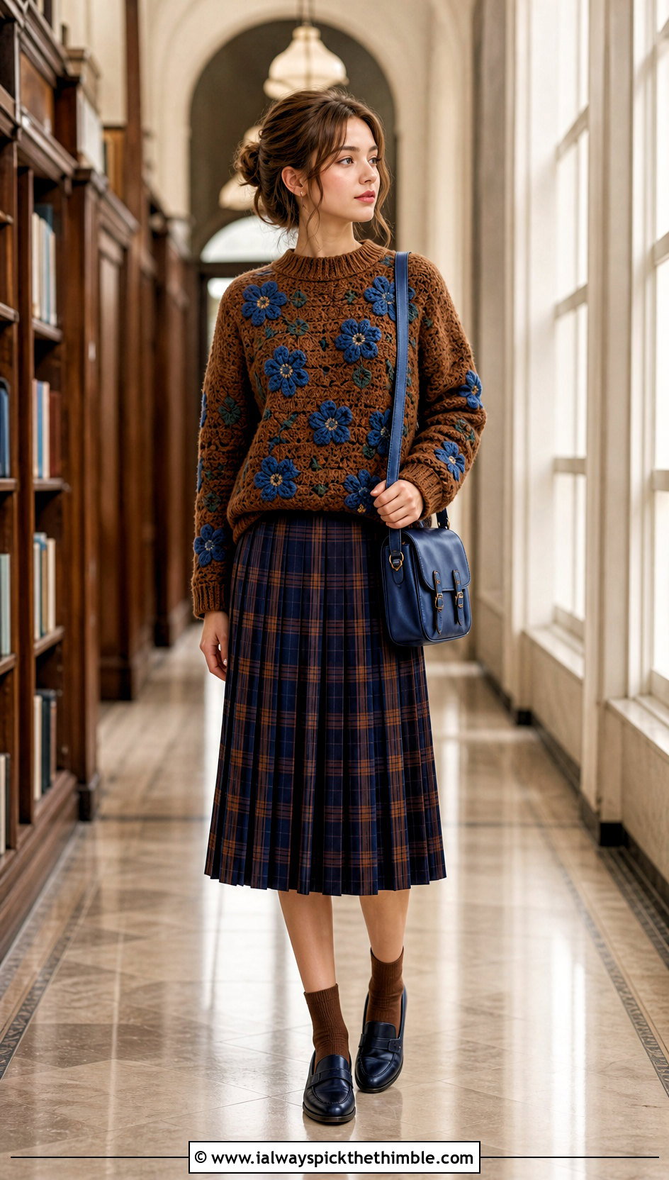 Floral Brown Crochet Sweater With Plaid Skirt - 25 crochet brown sweater outfit ideas