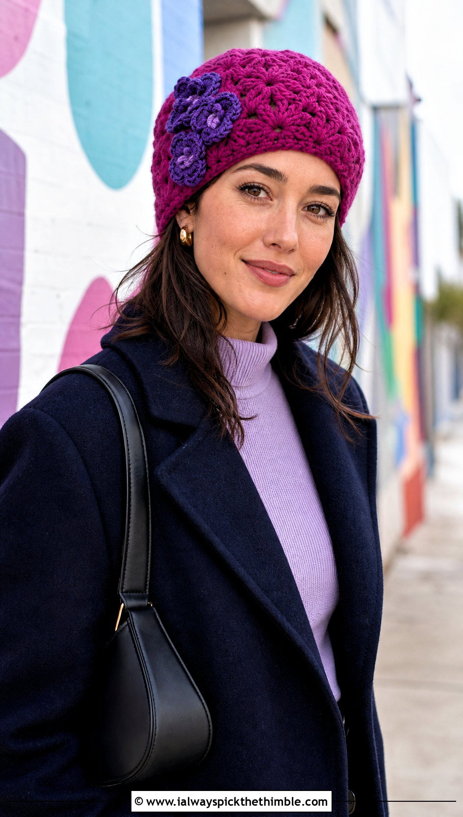 Floral Burst Crochet Beanie With Maxi Coat - 15 burst crochet beanie outfit ideas