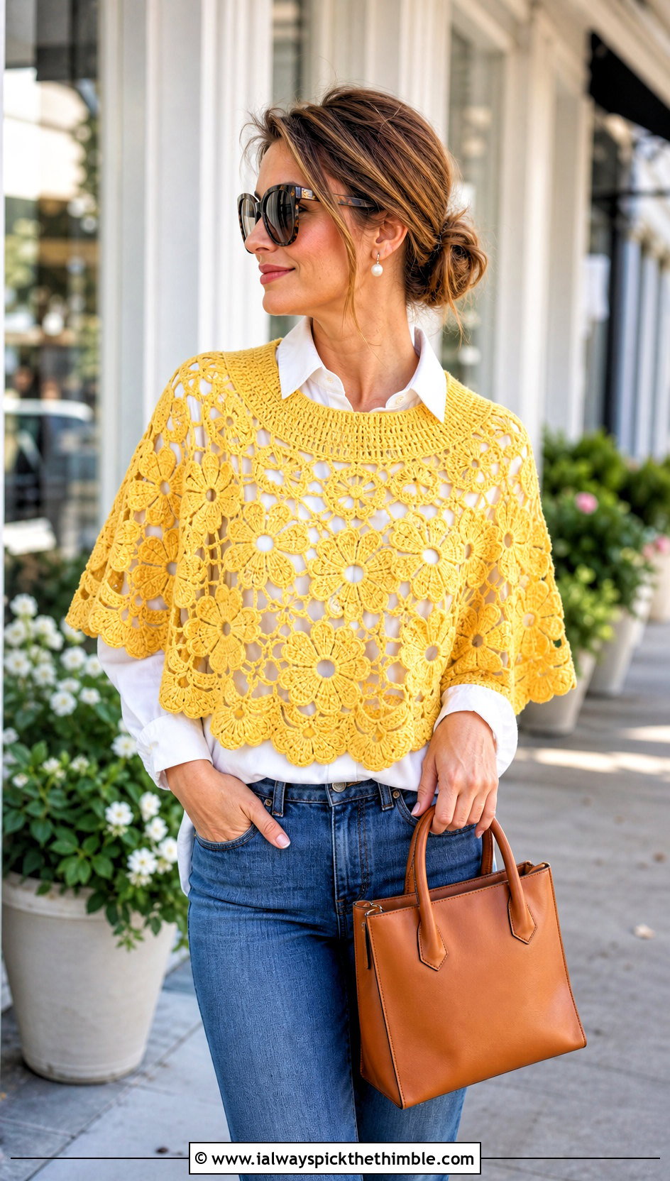 Floral Capelet Shawl With A White Shirt And Jeans - 15 Crochet Floral Shawl outfit ideas