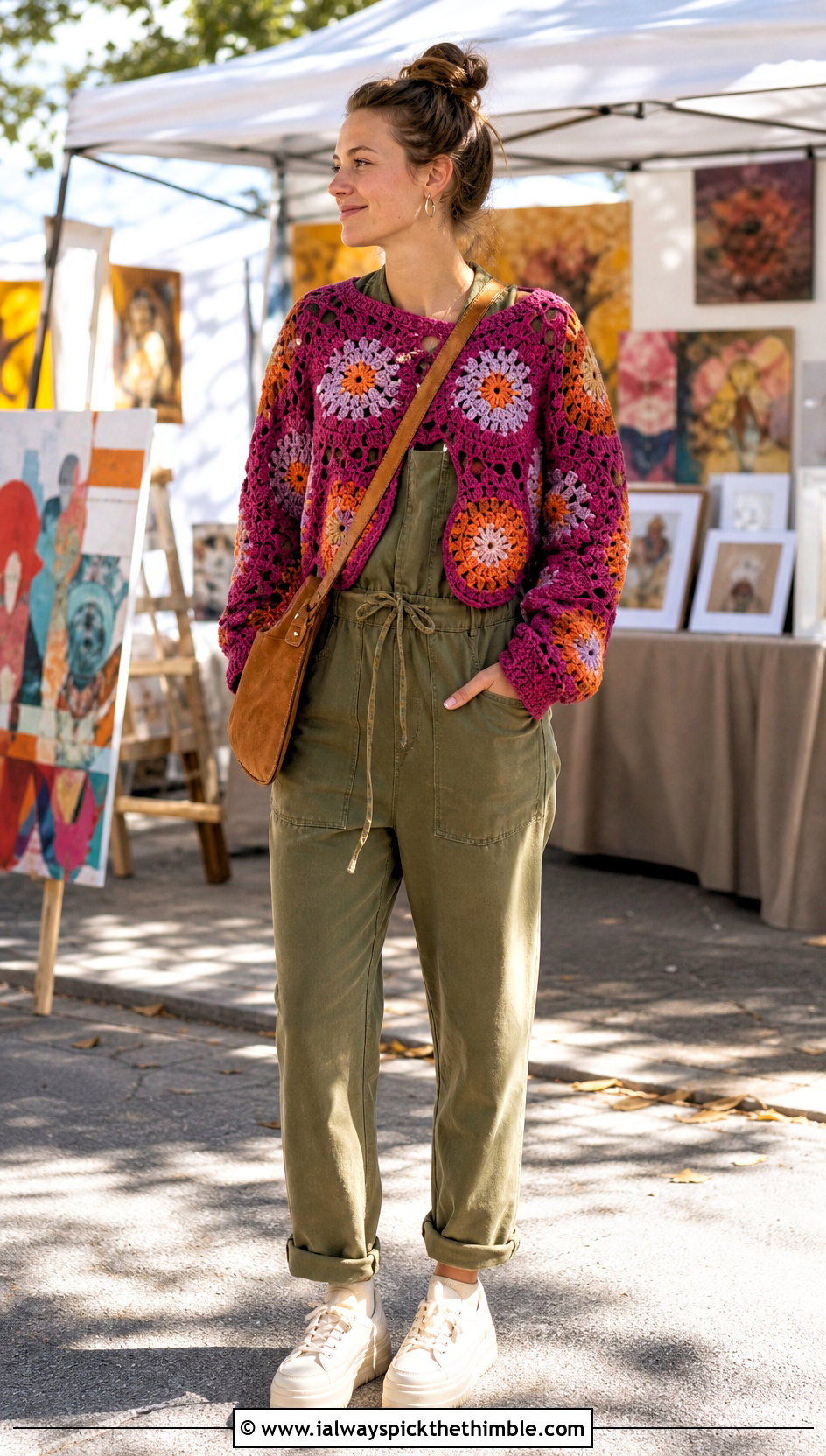 Floral Circle Crochet Sweater With Utility Jumpsuit - 20 Circle Crochet Sweater outfit ideas
