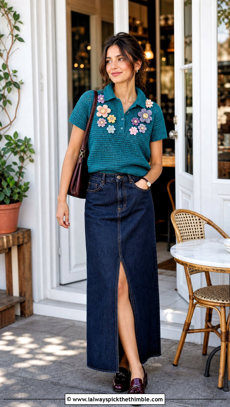 Floral Cluster Amigurumi Polo Shirt With Denim Maxi Skirt - 20 Amigurumi Shirt outfit ideas