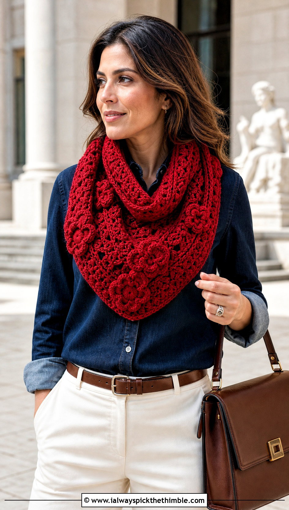 Floral Cowl Neck Crochet Scarf With Denim Shirt - 20 Cowl Neck Crochet Scarf outfit ideas