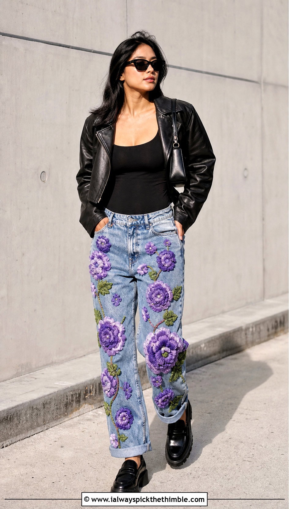 Floral Crochet Applique Boyfriend Jeans With Leather Jacket - 20 crochet denim pants outfit ideas