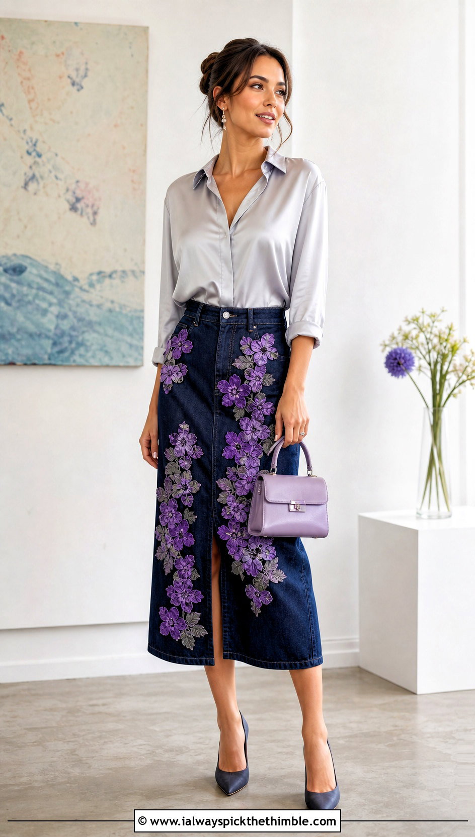 Floral Crochet Applique Denim Skirt With Satin Blouse - 20 denim crochet skirt outfit ideas