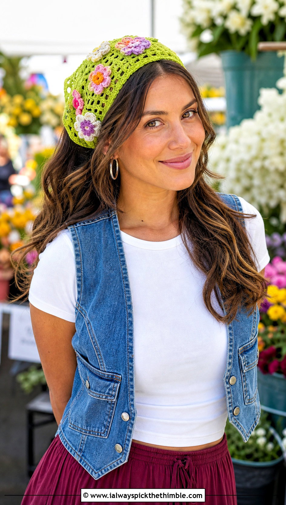 Floral Crochet Bandana With Denim Vest And Maxi Skirt - 15 crochet head wraps outfit ideas