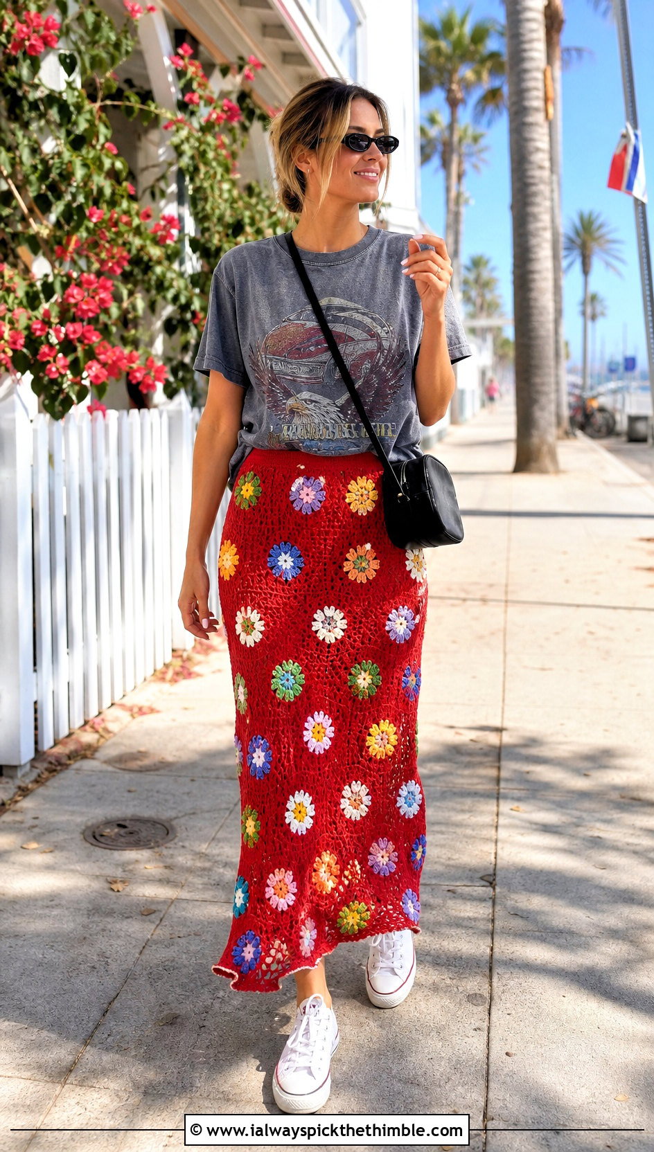 Floral Crochet Beach Maxi Skirt With Graphic T Shirt - 20 crochet beach maxi skirt outfit ideas