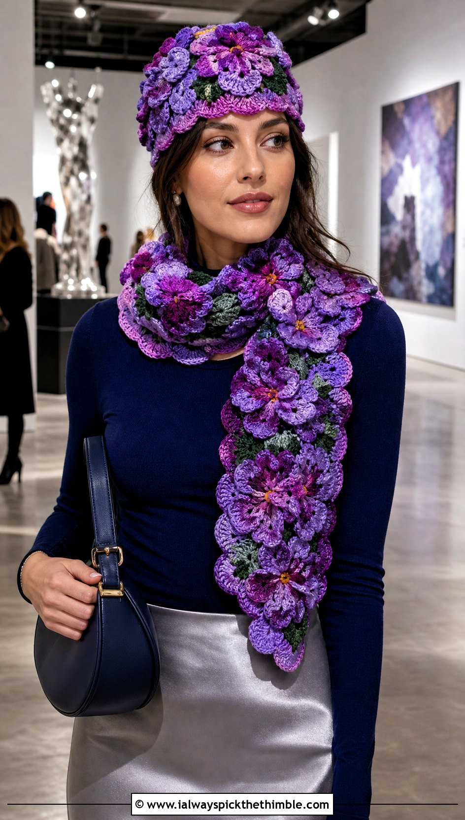 Floral Crochet Beanie And Scalloped Scarf With Satin Skirt - 15 Easy Crochet Hat And Scarf Set outfit ideas