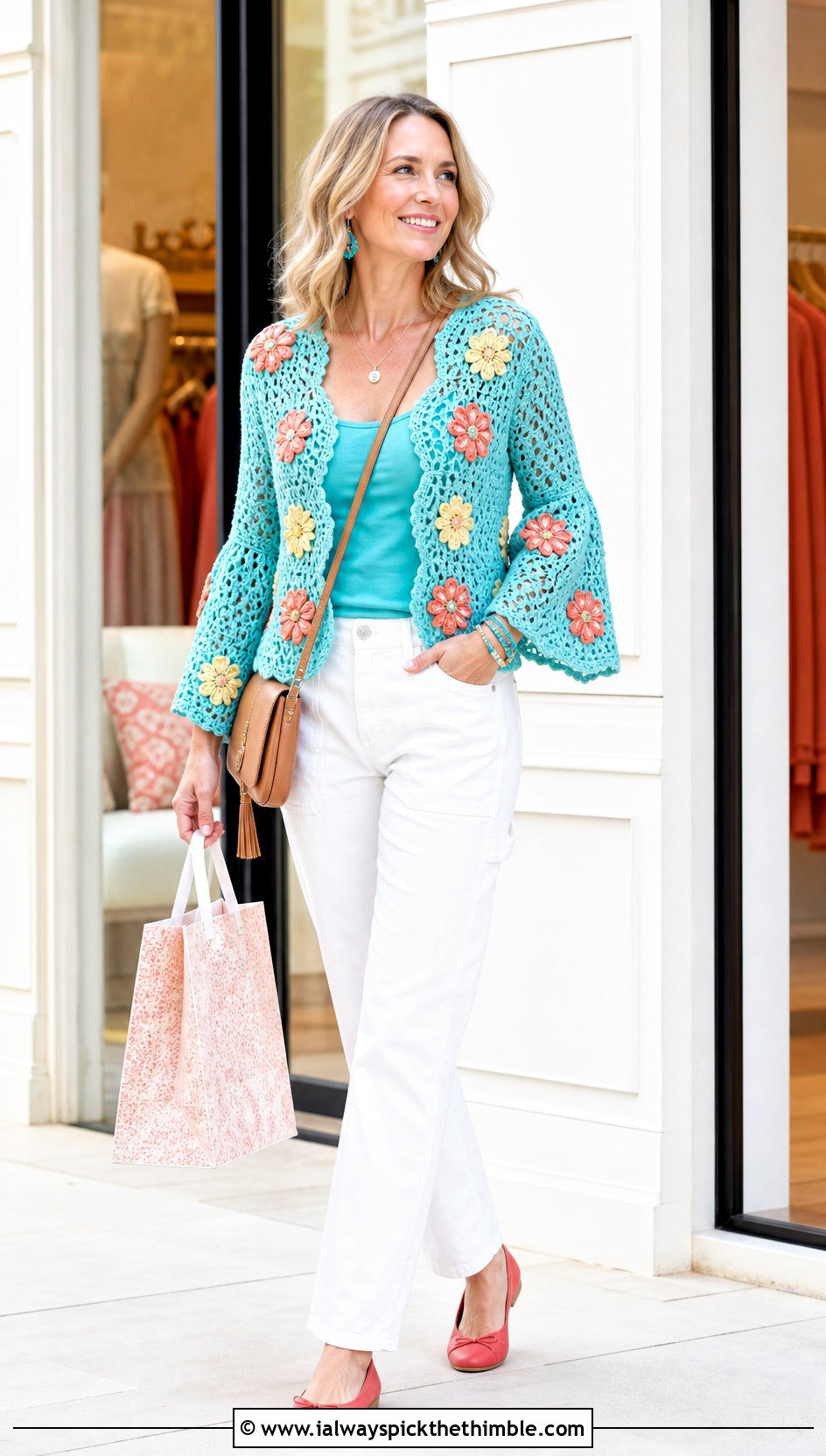 Floral Crochet Bell Sleeve Top With White Carpenter Jeans - 20 crochet top with bell sleeves outfit ideas