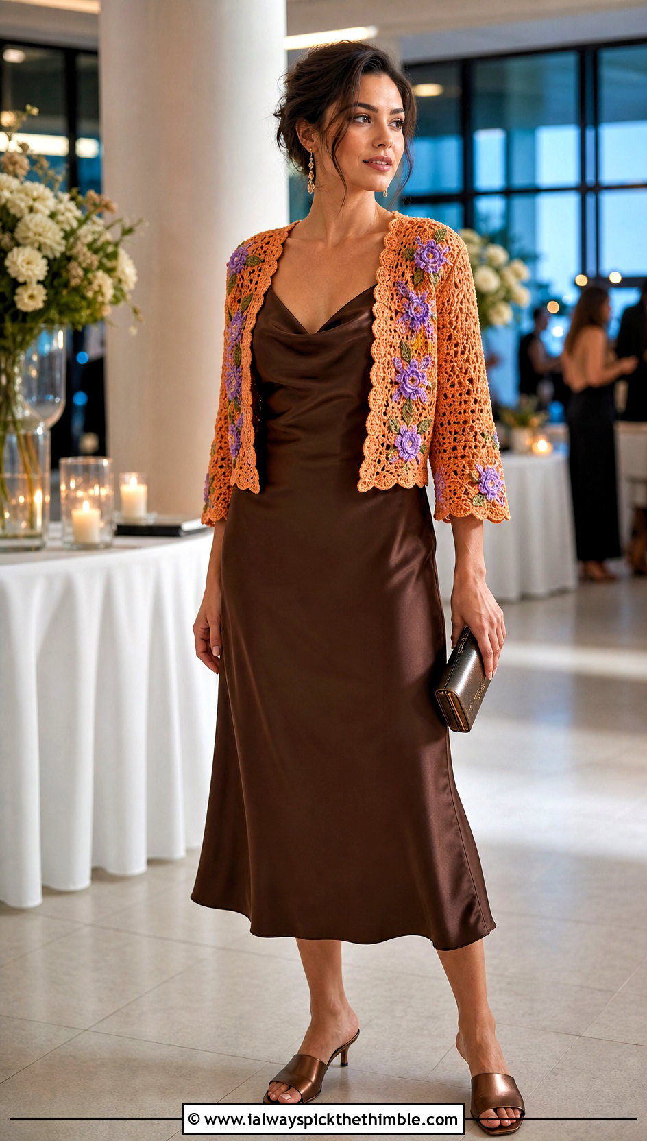 Floral Crochet Bolero With Satin Slip Dress - 15 Colorful Floral Crochet Clothing and outfit ideas