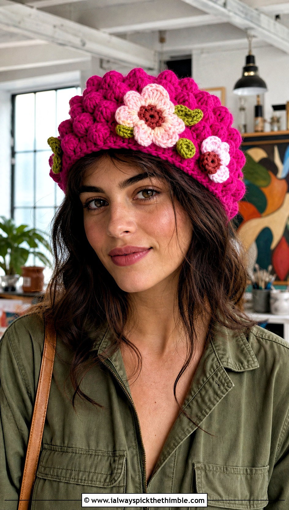Floral Crochet Bubble Hat With Utility Jumpsuit - 20 Crochet Bubble Hat outfit ideas