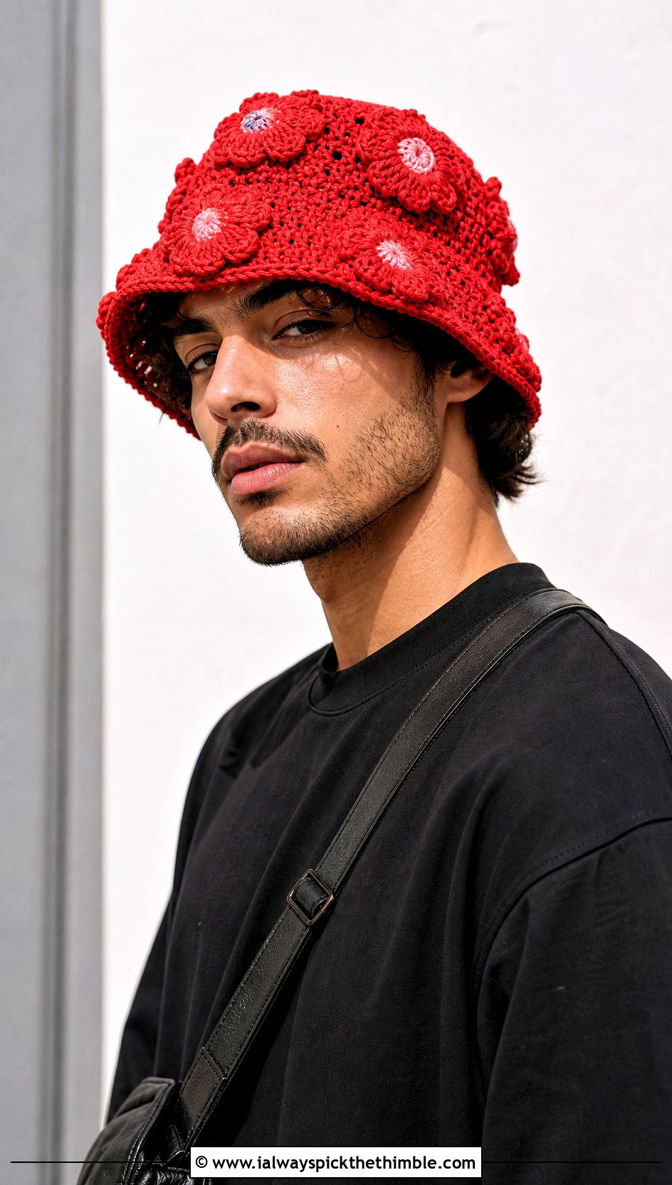 Floral Crochet Bucket Hat With Black Outfit - 25 crochet hat men outfit ideas