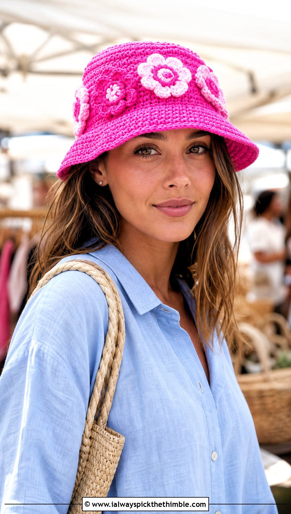 Floral Crochet Bucket Hat With Linen Shorts - 25 Crochet Hats For Women outfit ideas
