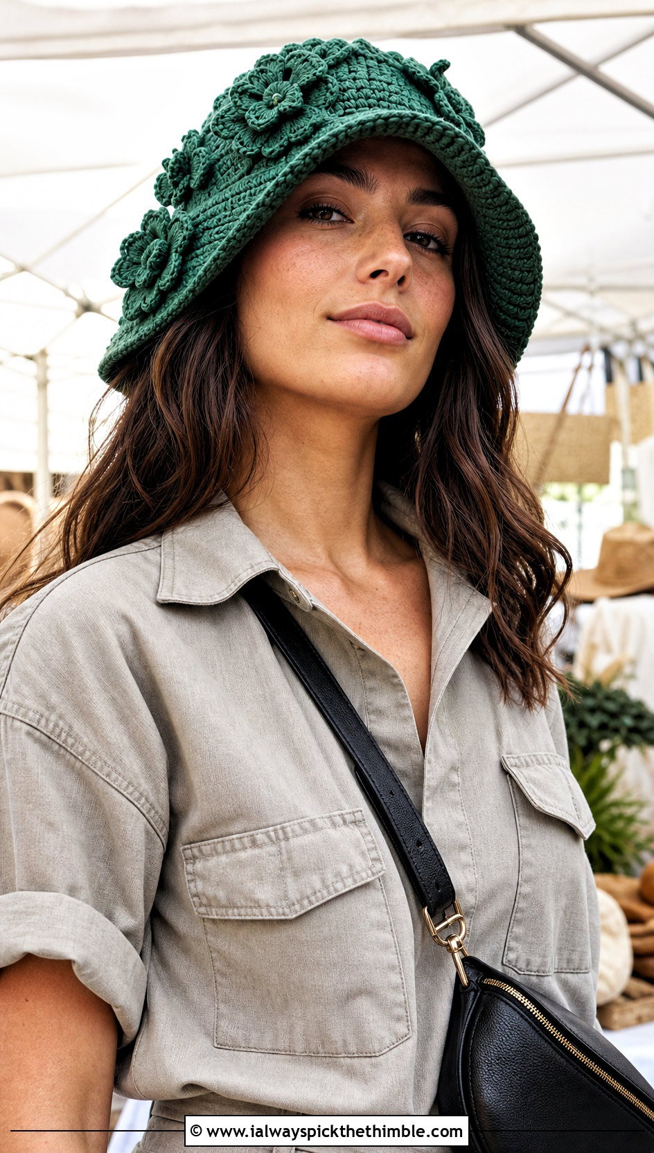 Floral Crochet Bucket Hat With Utility Jumpsuit - 20 Easy Crochet Bucket Hats outfit ideas