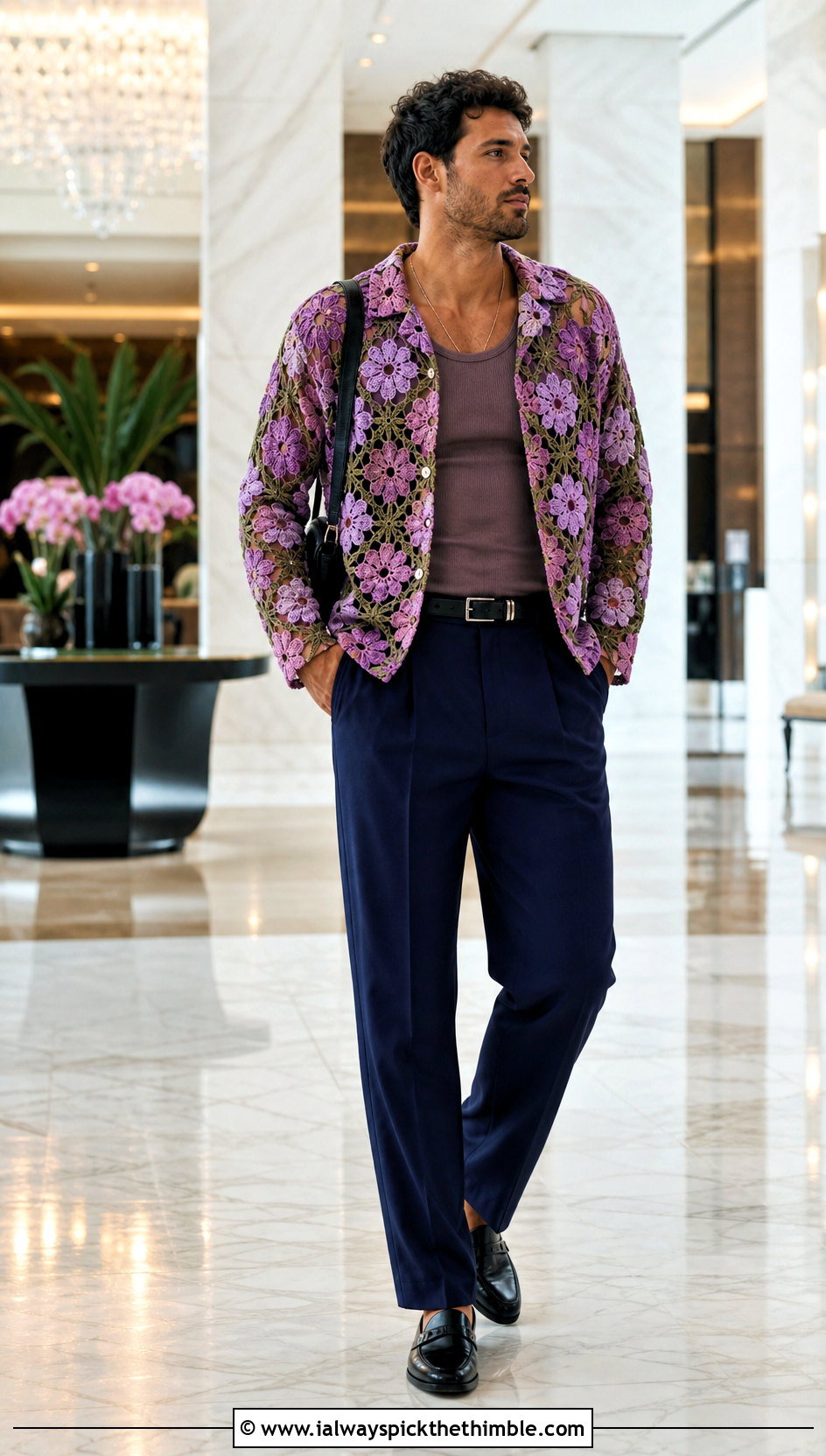 Floral Crochet Button Down With Suit Trousers - 20 crochet men's clothes and outfit ideas