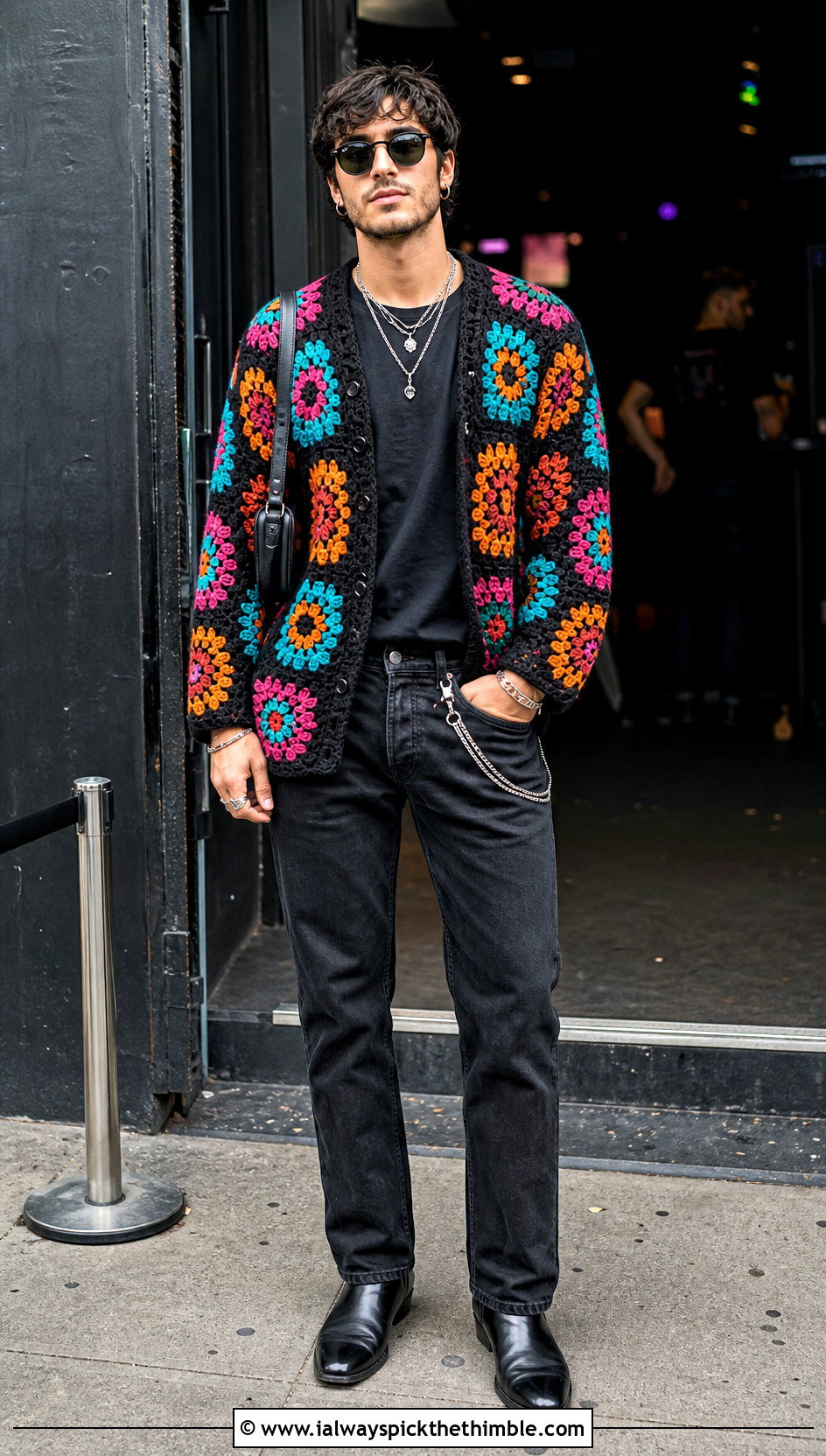 Floral Crochet Cardigan With Black Denim - 20 men's crochet cardigan outfit ideas