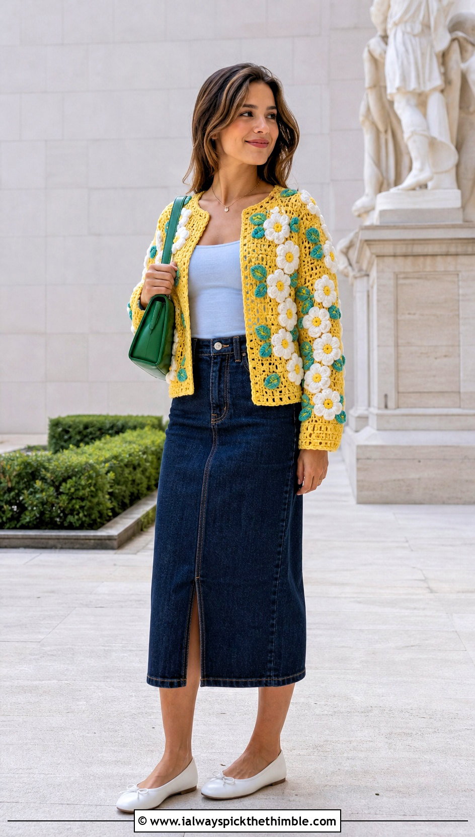 Floral Crochet Cardigan With Denim Midi Skirt - 25 easy crochet cardigan outfit ideas