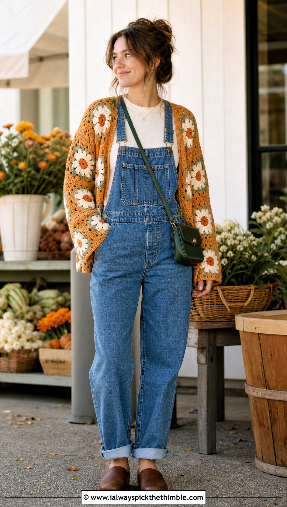 Floral Crochet Cardigan With Denim Overalls - 20 Crochet Cardigan Outfit Aesthetic outfit ideas