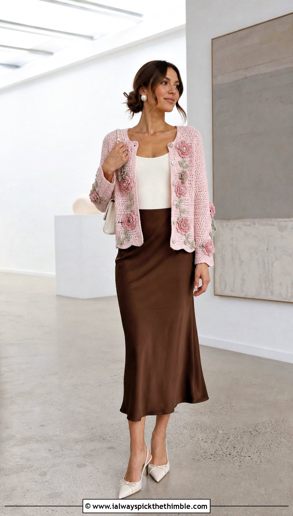 Floral Crochet Cardigan With Satin Slip Skirt - 20 unique crochet cardigan outfit ideas