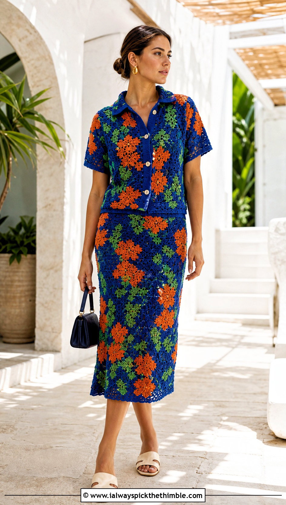 Floral Crochet Co Ord Set With Minimal Accessories - 15 Colorful Floral Crochet Clothing and outfit ideas