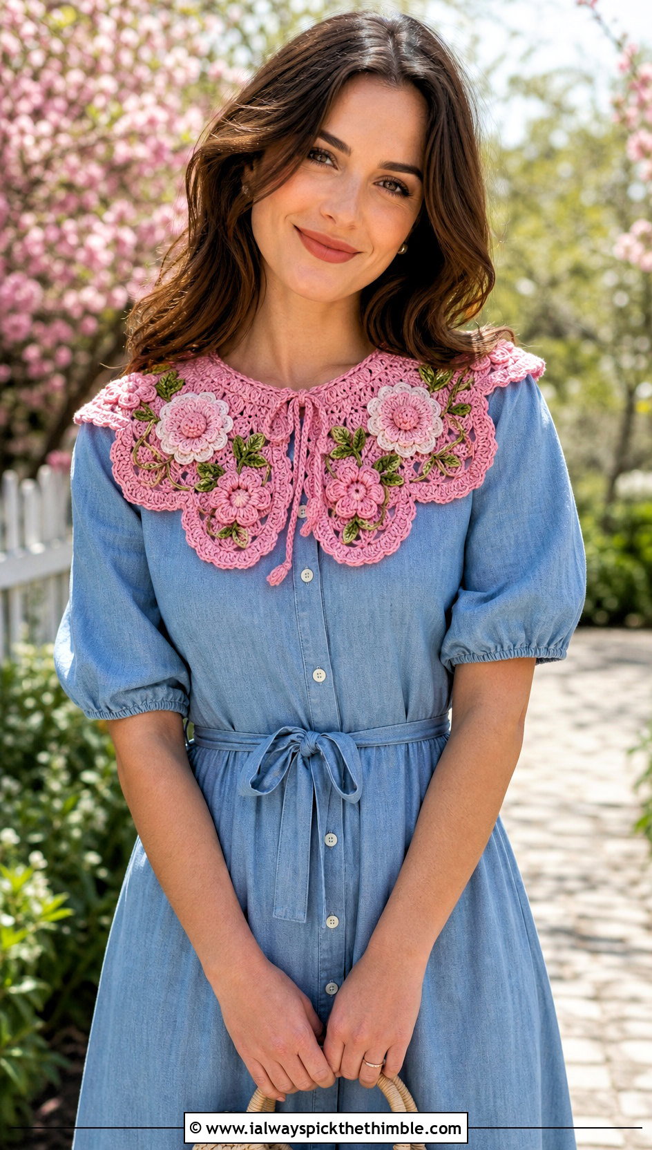 Floral Crochet Collar With Chambray Dress And Flats - 15 beginner crochet collar outfit ideas