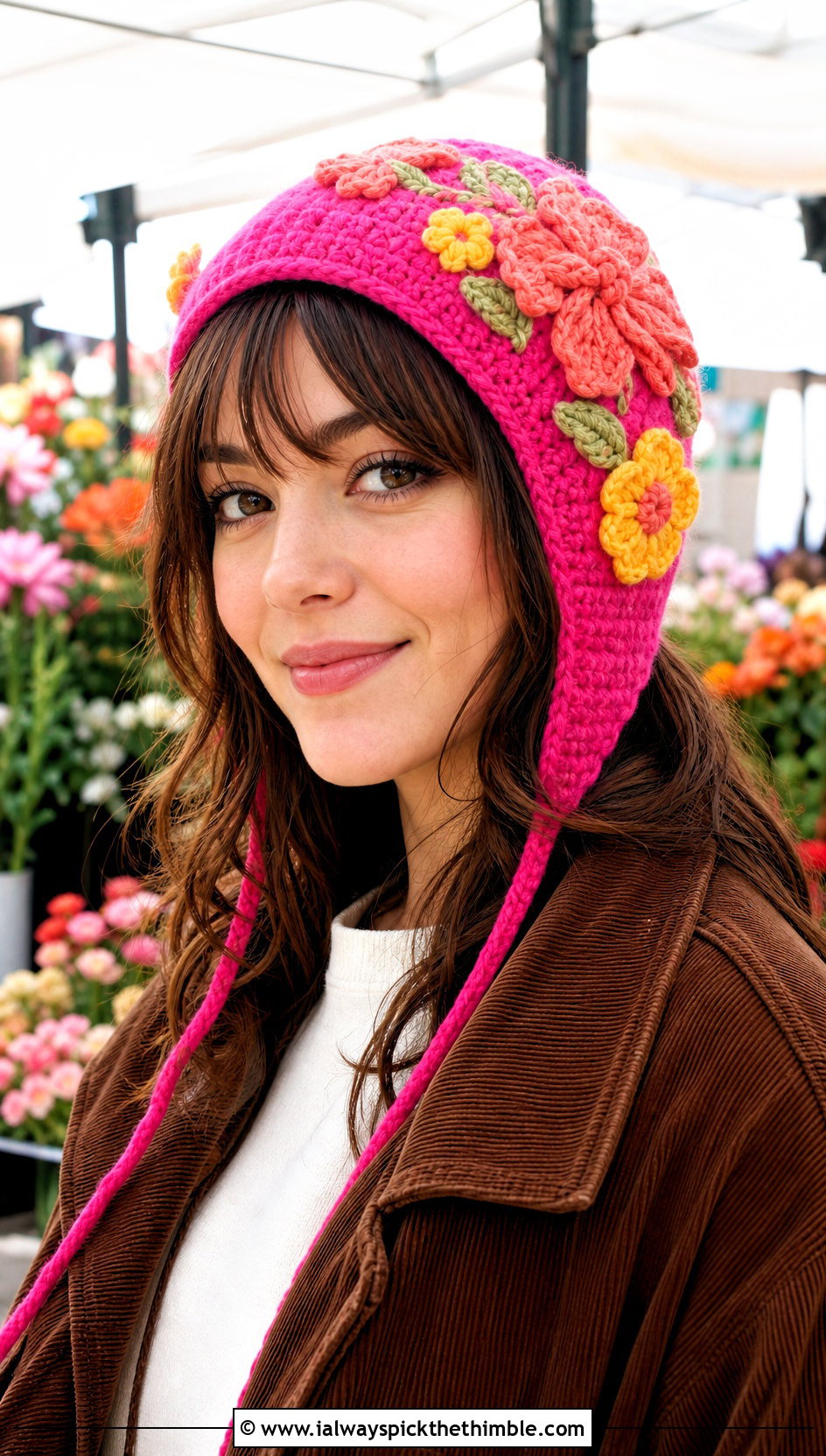 Floral Crochet Earflap Hat With Corduroy Jacket - 20 crochet flap hat outfit ideas