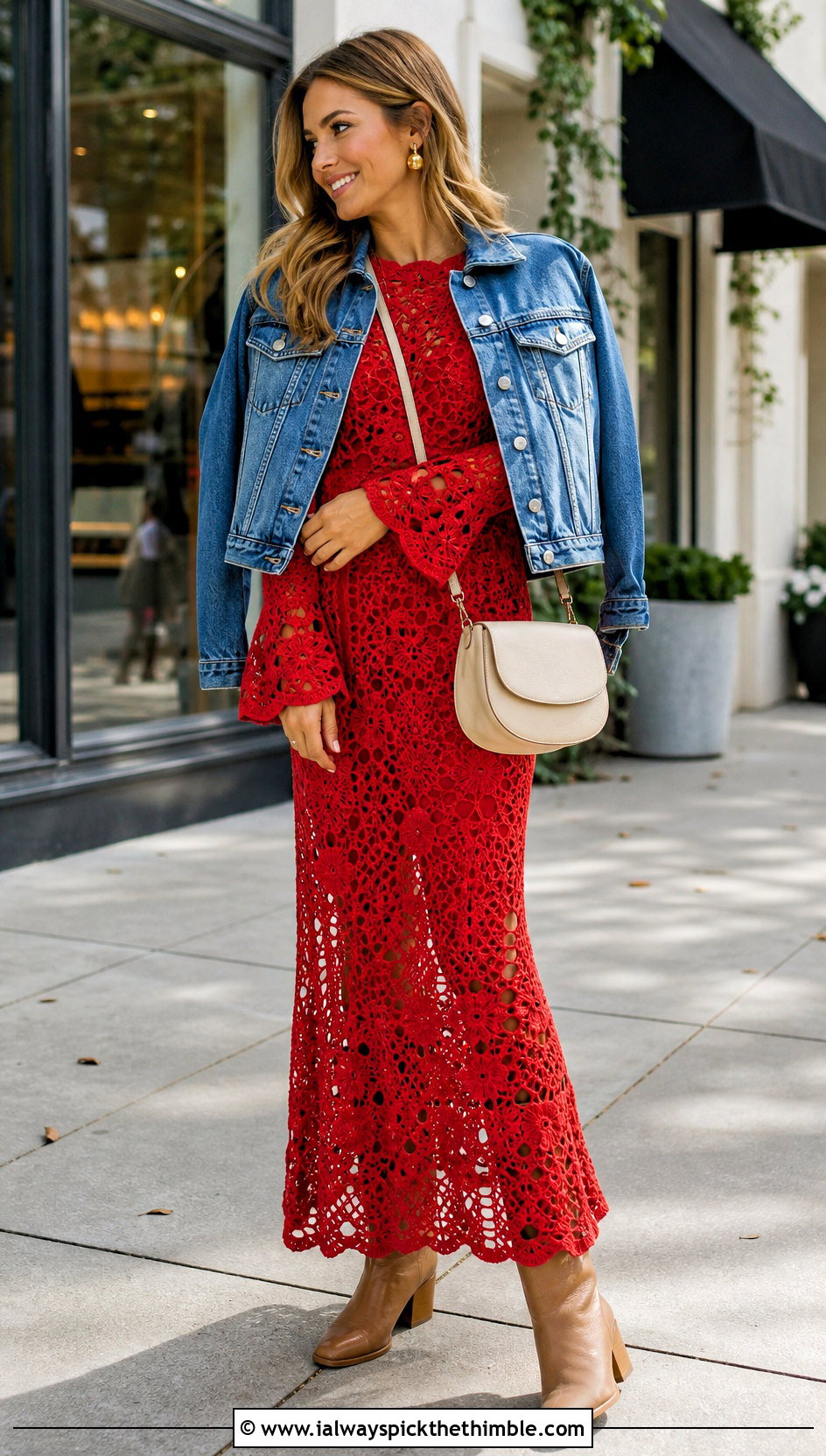 Floral Crochet Fishtail Flare Sleeve Maxi Dress With Denim Jacket - 20 Crochet Fishtail Flare Sleeve Maxi Dress outfit ideas