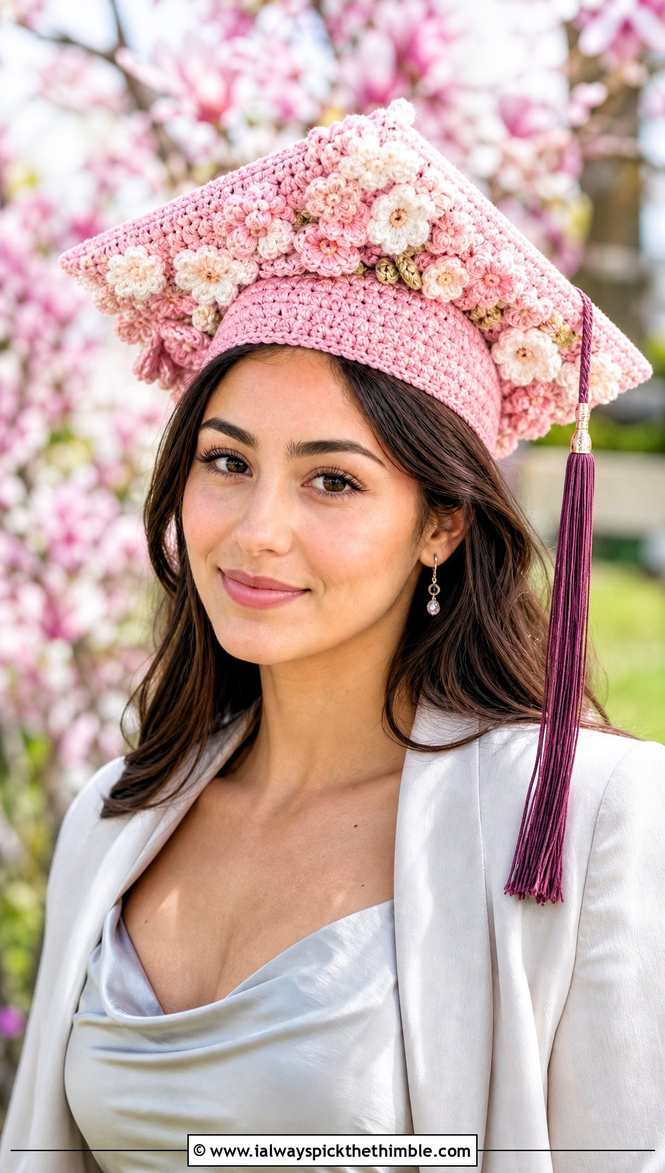 Floral Crochet Graduation Cap With Satin Slip Dress - 25 crochet graduation cap outfit ideas