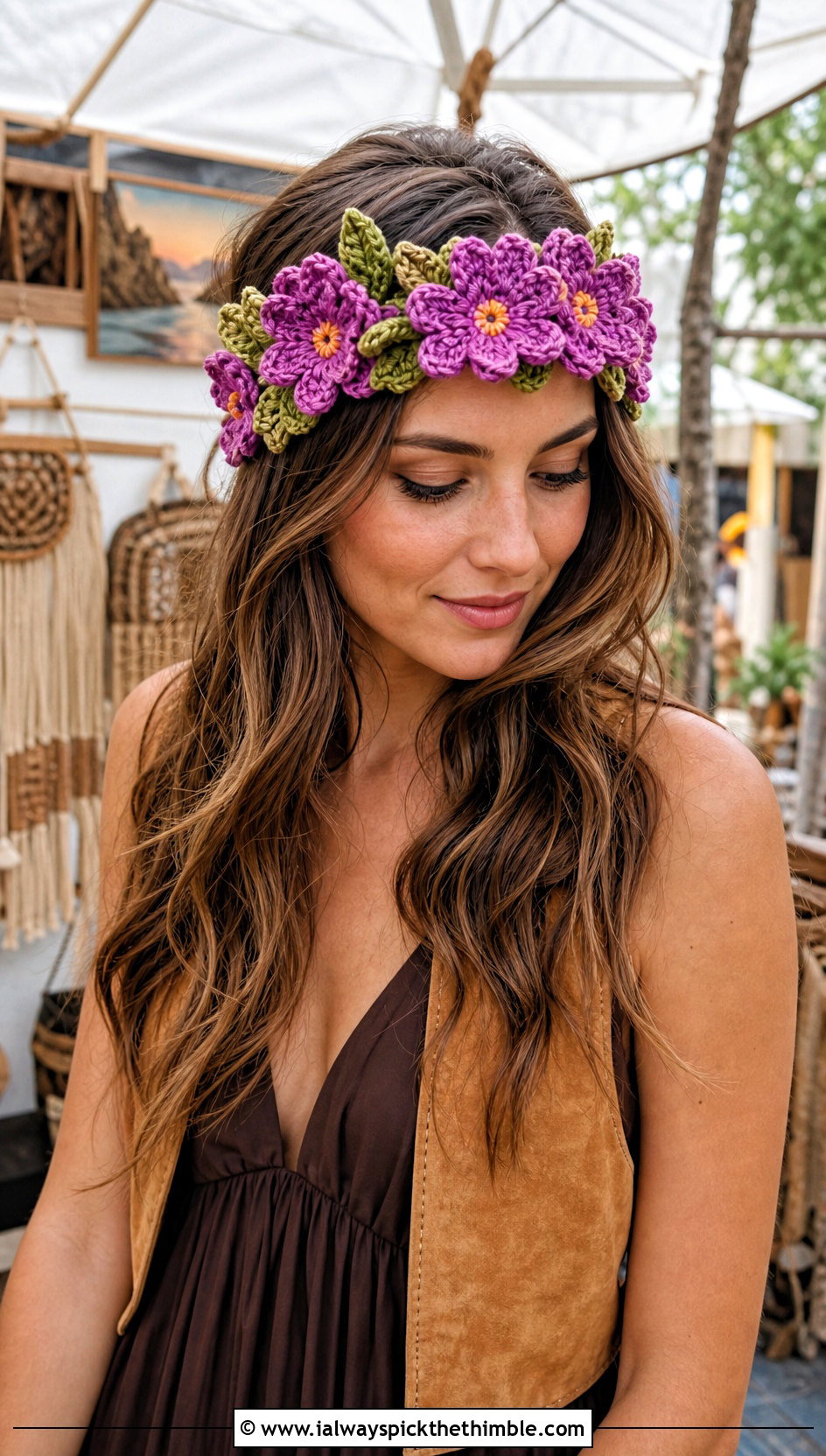 Floral Crochet Headband With Boho Maxi Dress - 20 crochet fall headband outfit ideas