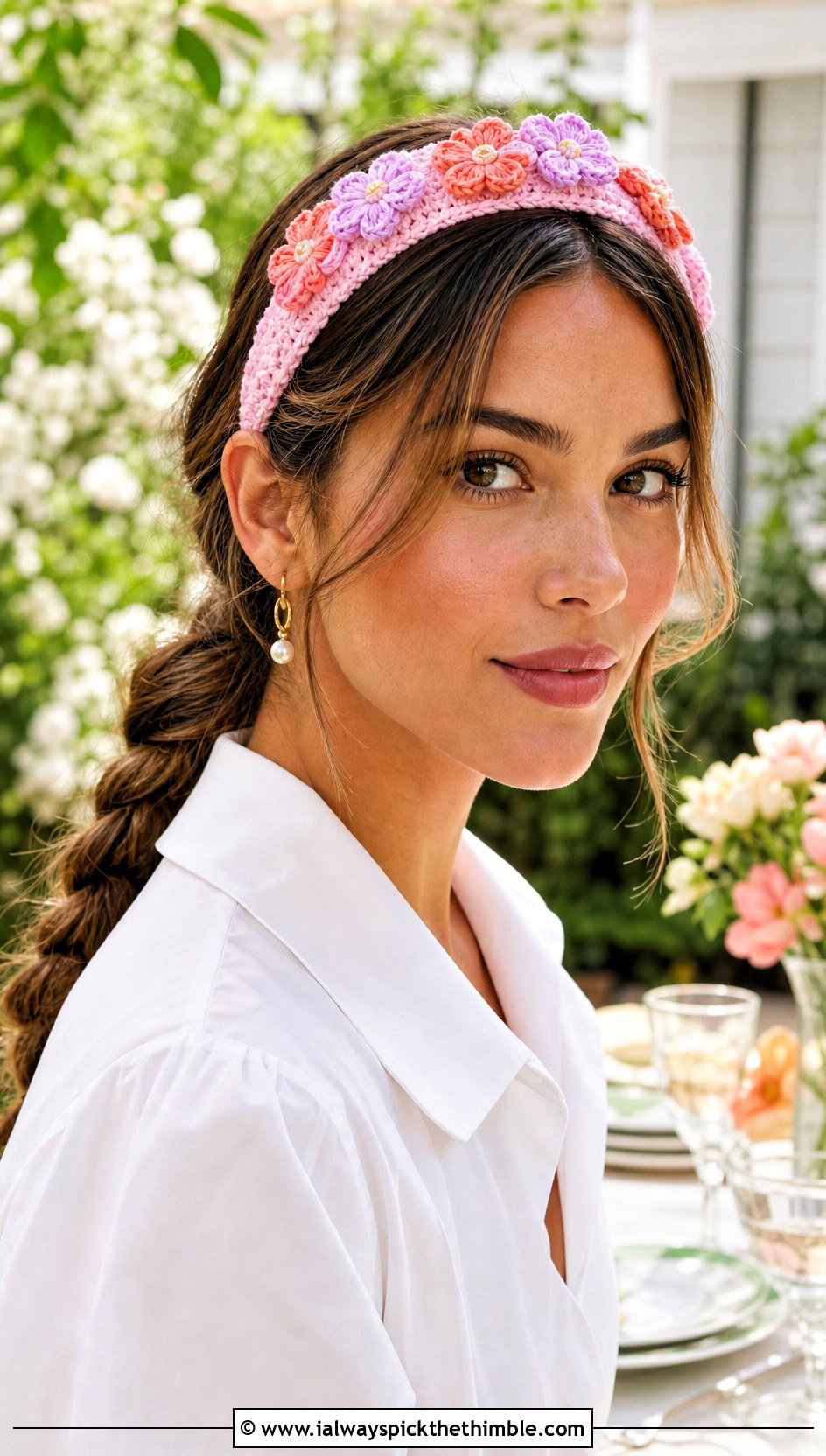 Floral Crochet Headband With White Dress And Sandals - 20 quick crochet headband outfit ideas