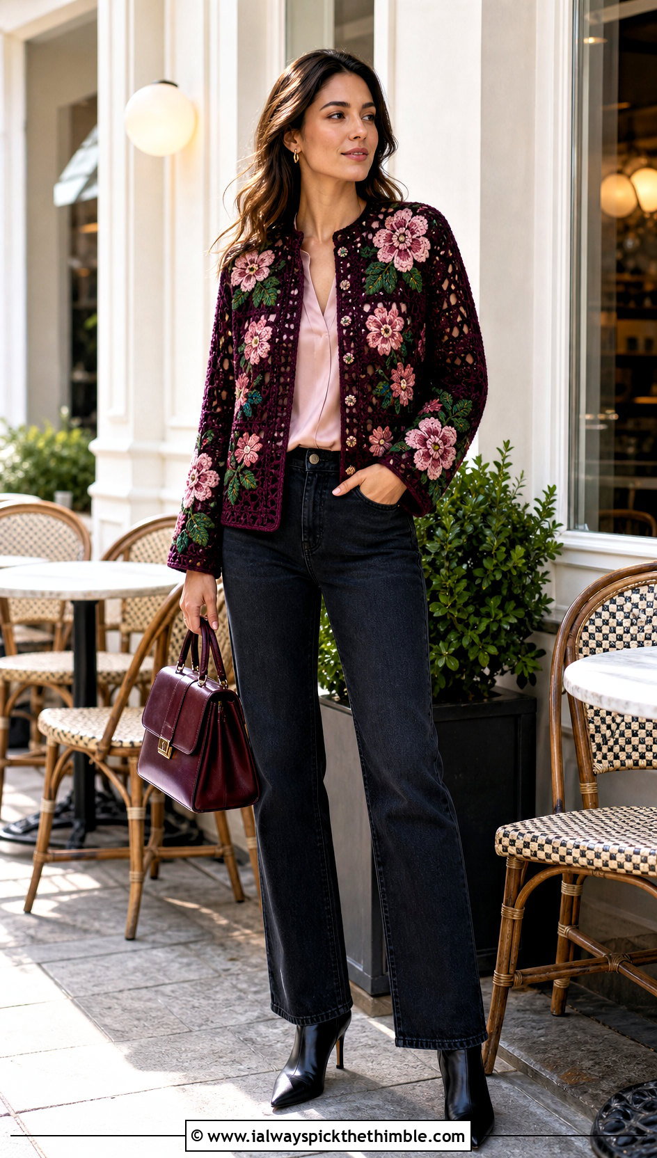 Floral Crochet Jacket With Straight Leg Jeans - 15 Colorful Floral Crochet Clothing and outfit ideas