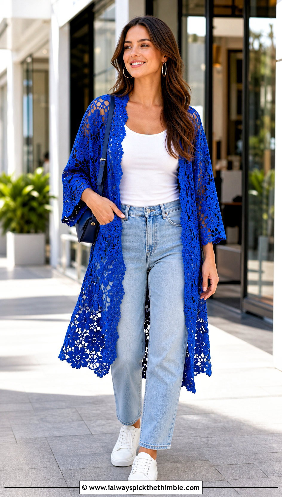 Floral Crochet Lace Kimono With Straight Leg Jeans - 20 crochet lace kimono outfit ideas