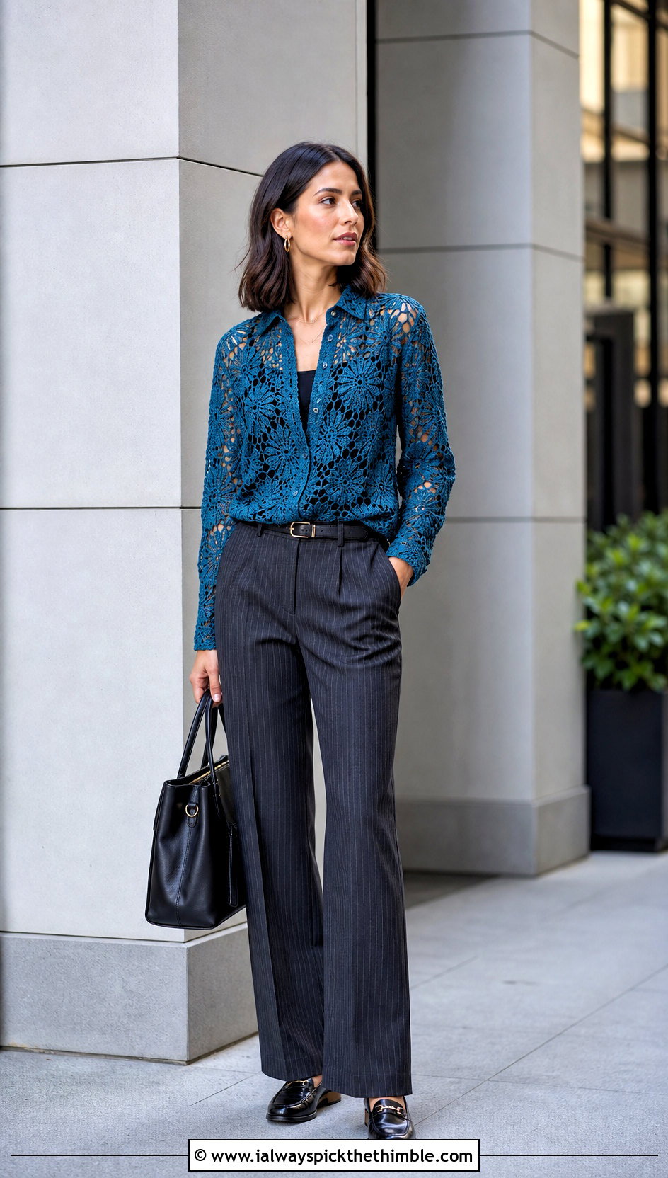 Floral Crochet Long Sleeve Shirt With Pinstripe Trousers - 25 Crochet Flower Shirt outfit ideas