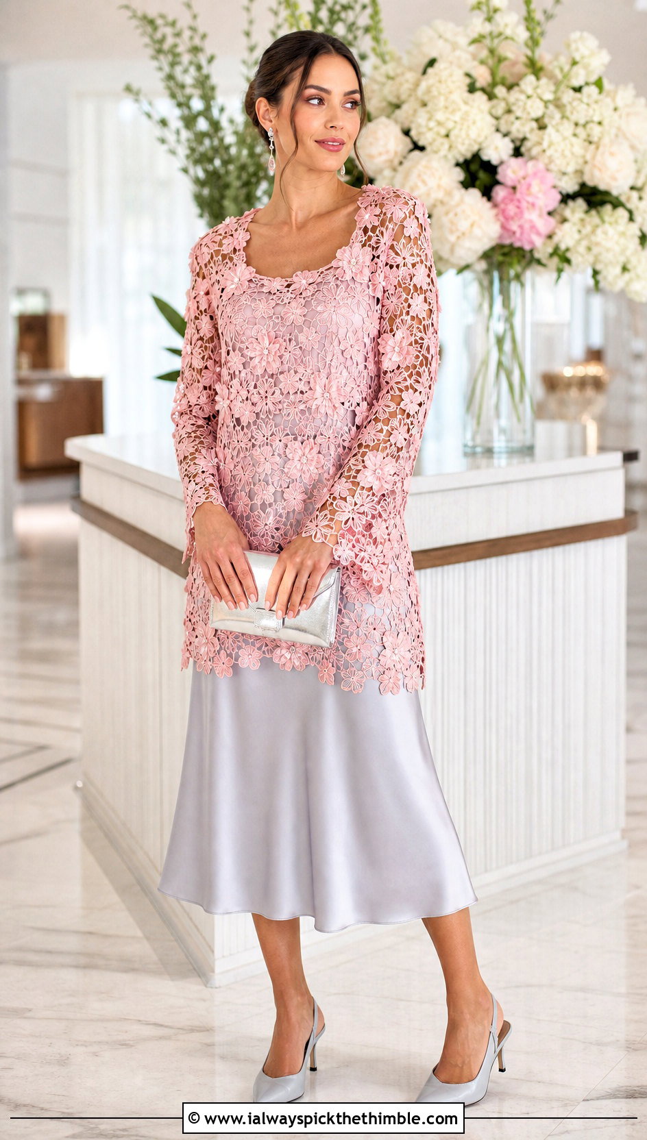 Floral Crochet Long Sleeve Tunic With Satin Skirt - 15 Crochet Long Sleeve Tunic outfit ideas
