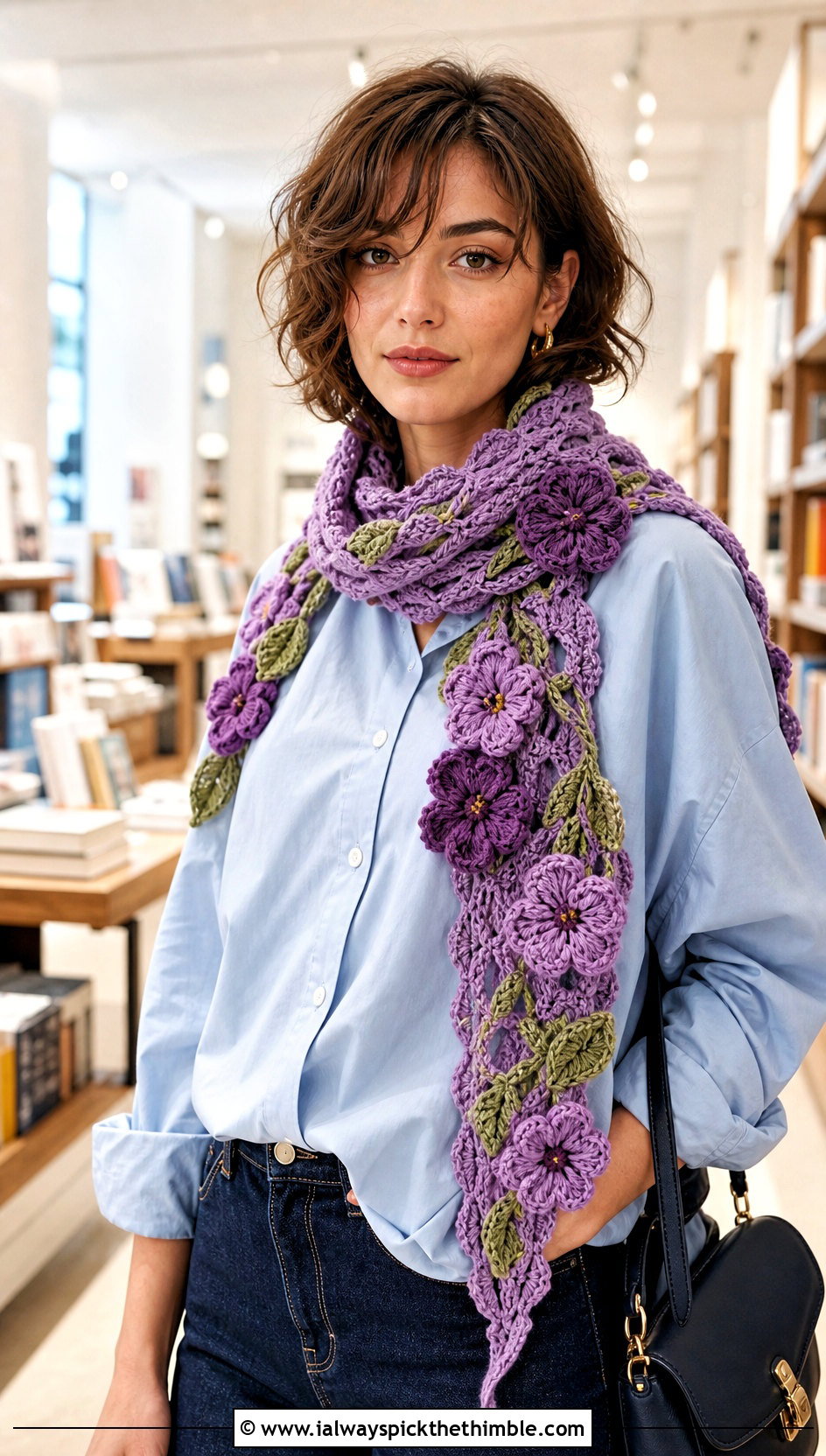 Floral Crochet Mantle Scarf With Button Down Shirt - 20 Crochet Mantle Scarf outfit ideas