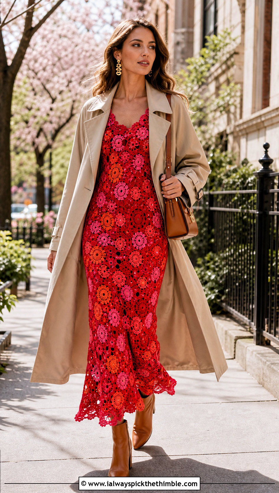 Floral Crochet Maxi Dress With Trench Coat - 15 Colorful Floral Crochet Clothing and outfit ideas