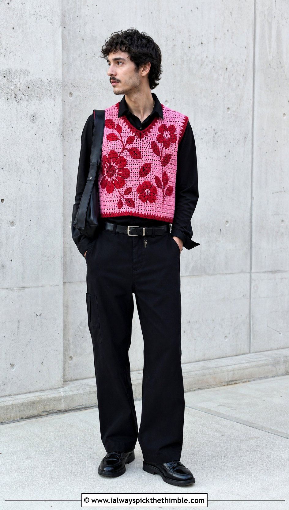 Floral Crochet Mens Sweater Vest With Black Workwear - 20 Mens Crochet Sweater Vest outfit ideas