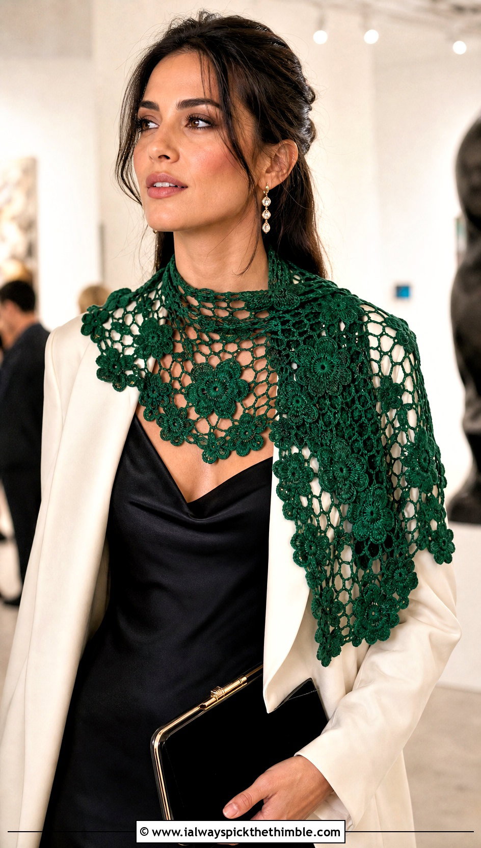 Floral Crochet Mesh Scarf With Slip Dress And Blazer - 20 Crochet Mesh Scarf outfit ideas