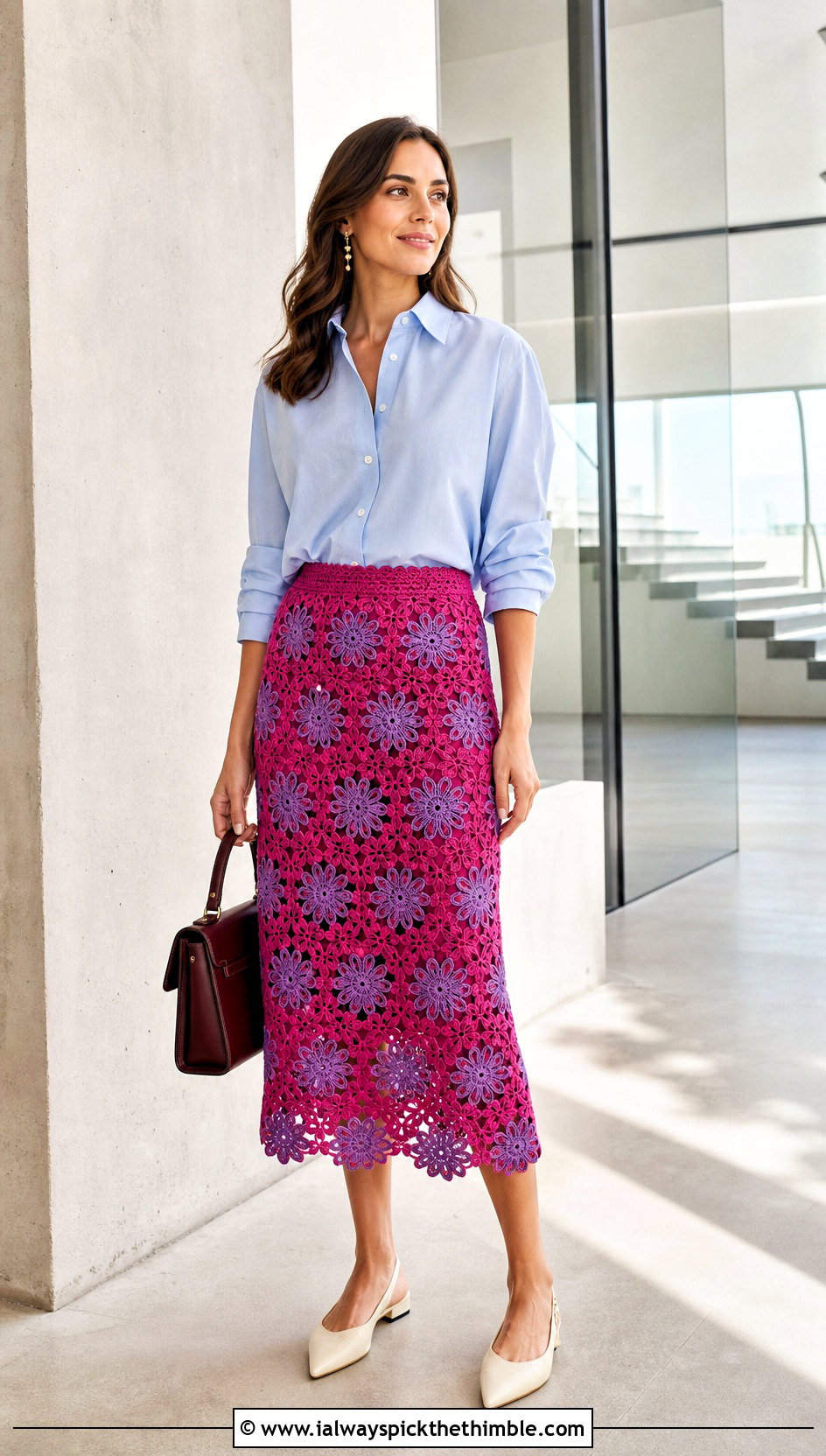 Floral Crochet Midi Skirt With Button Down Shirt - 15 Colorful Floral Crochet Clothing and outfit ideas