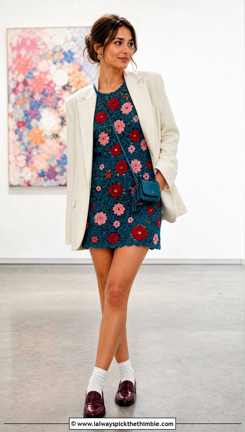 Floral Crochet Mini Dress With Loafers - 15 Colorful Floral Crochet Clothing and outfit ideas