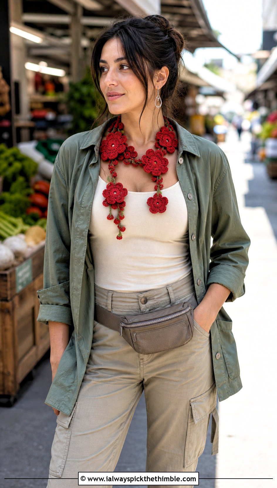 Floral Crochet Mini Scarf With Utility Jacket And Cargo Pants - 25 crochet mini scarf outfit ideas