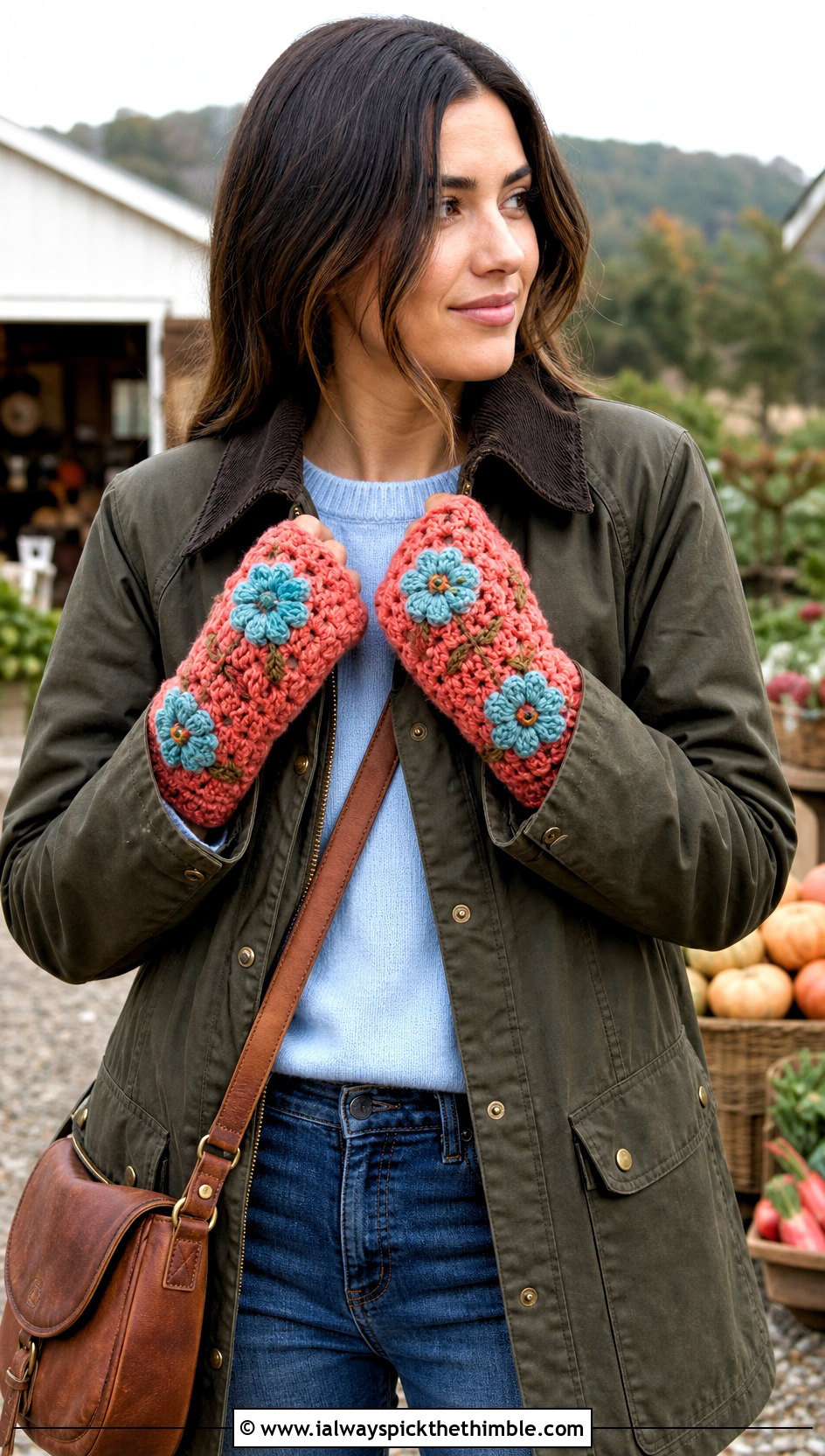 Floral Crochet Mittens With Barn Jacket And Straight Jeans - 25 crochet mittens outfit ideas