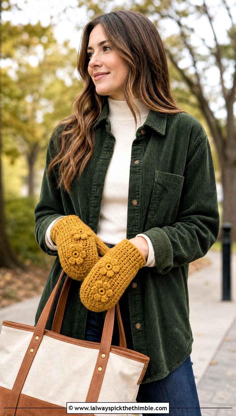 Floral Crochet Mittens With Corduroy Overshirt - 20 cute crochet mittens outfit ideas