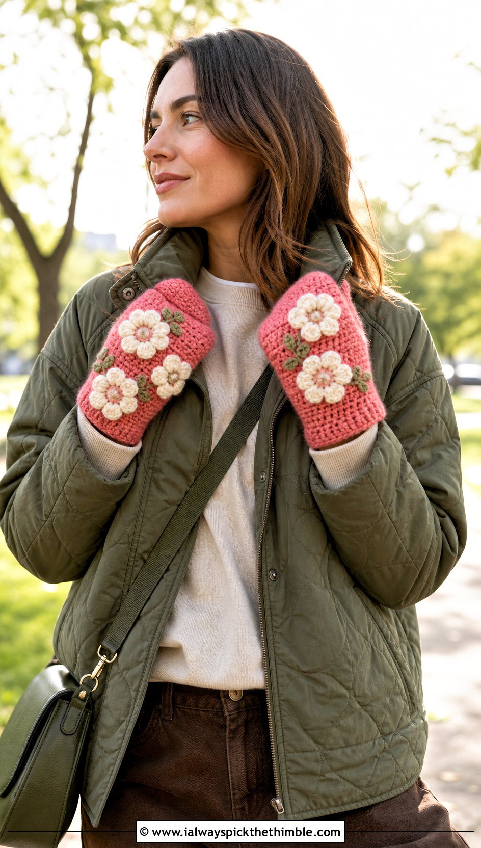 Floral Crochet Mittens With Quilted Jacket - 25 easy crochet mittens outfit ideas