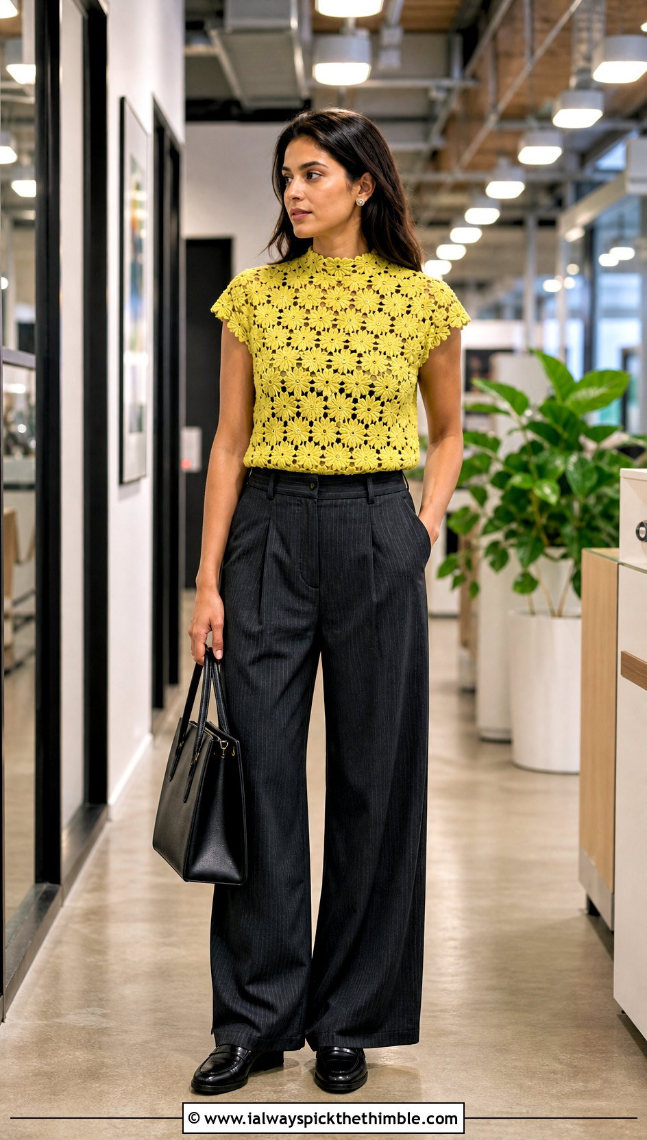 Floral Crochet Mock Neck Top With Pinstripe Trousers - 25 floral crochet top outfit ideas