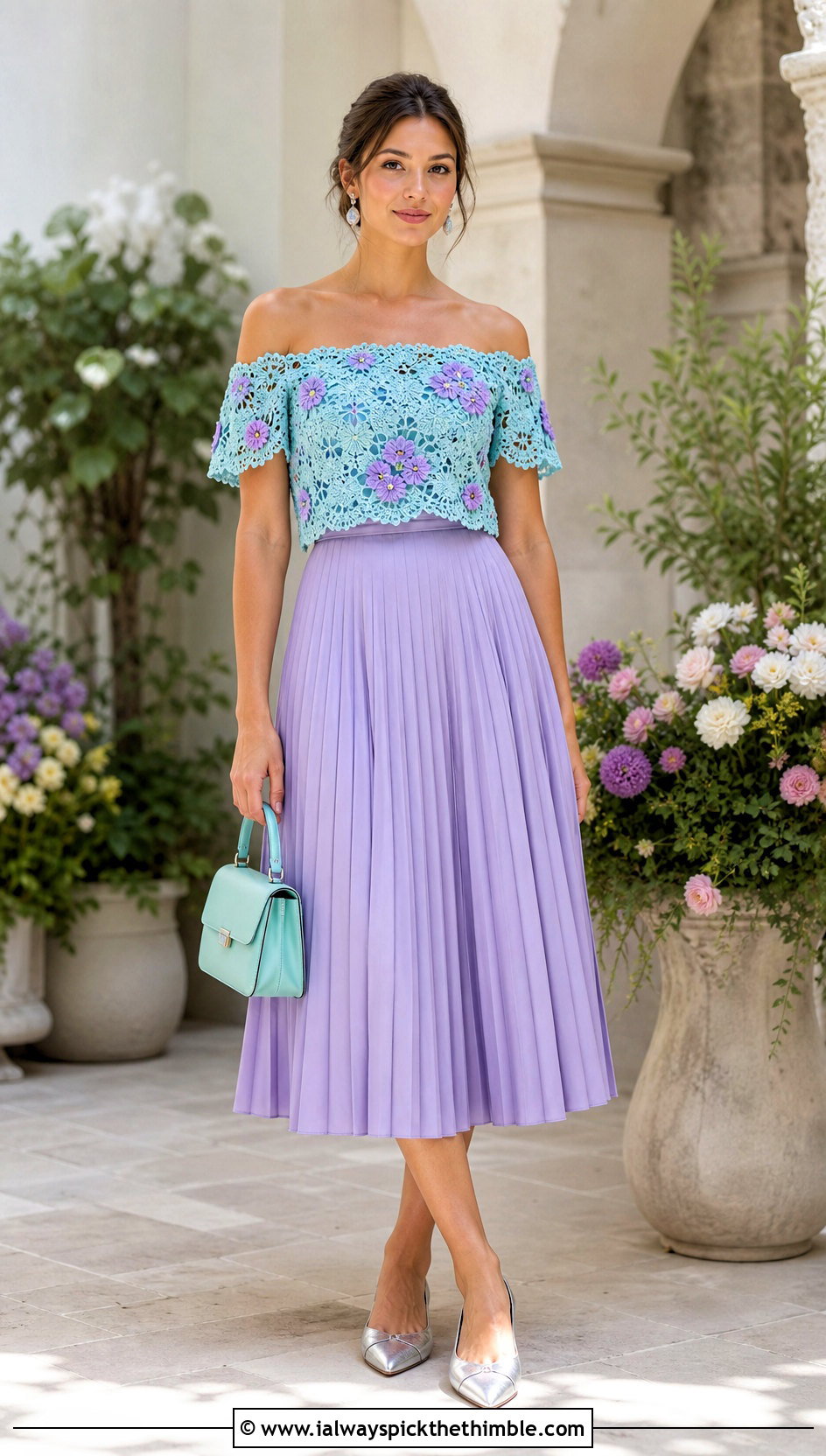 Floral Crochet Off Shoulder Top With Pleated Skirt - 25 Crochet Off Shoulder Top outfit ideas