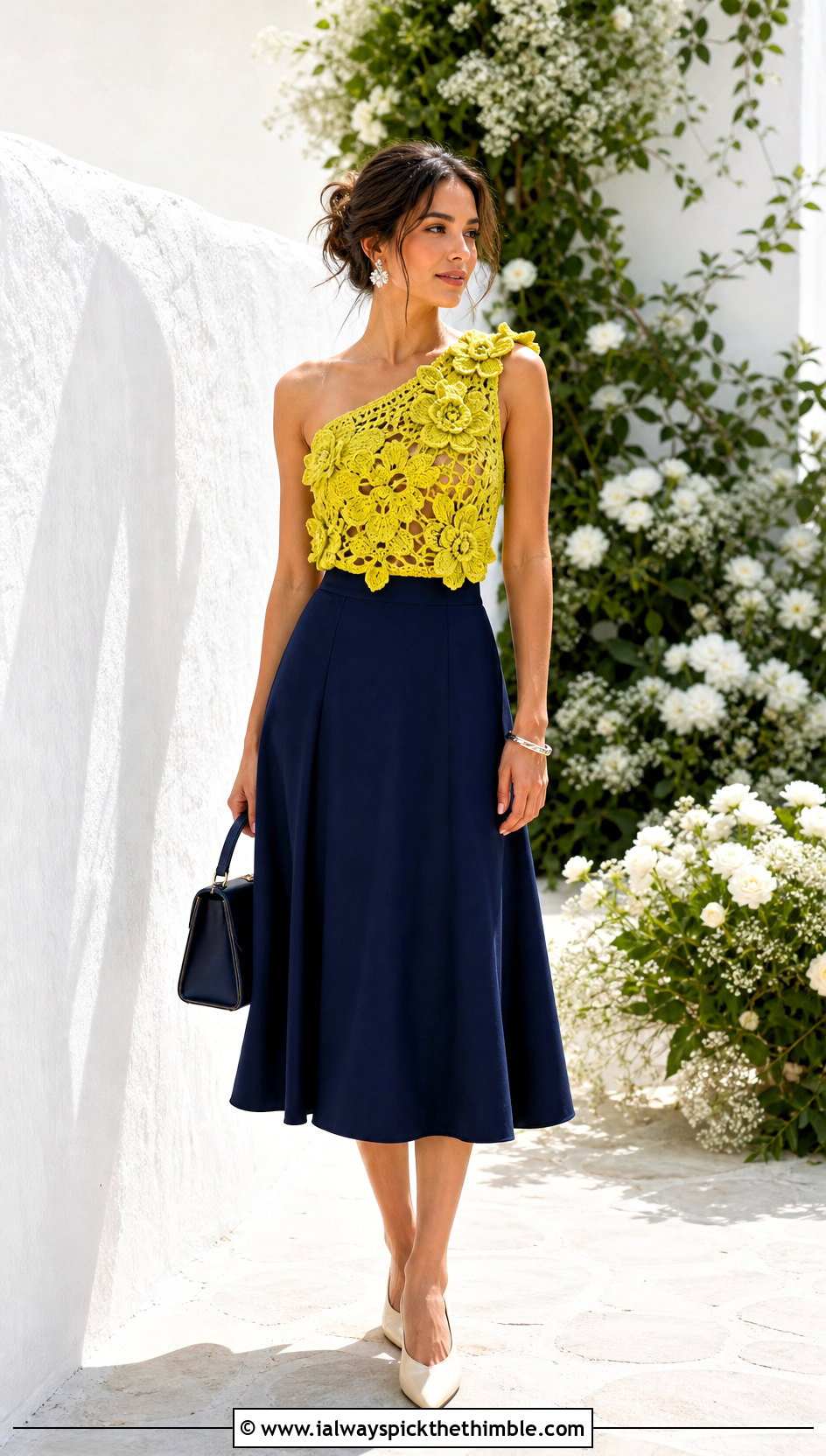 Floral Crochet One Shoulder Top With A Line Skirt - 25 crochet floral top outfit ideas