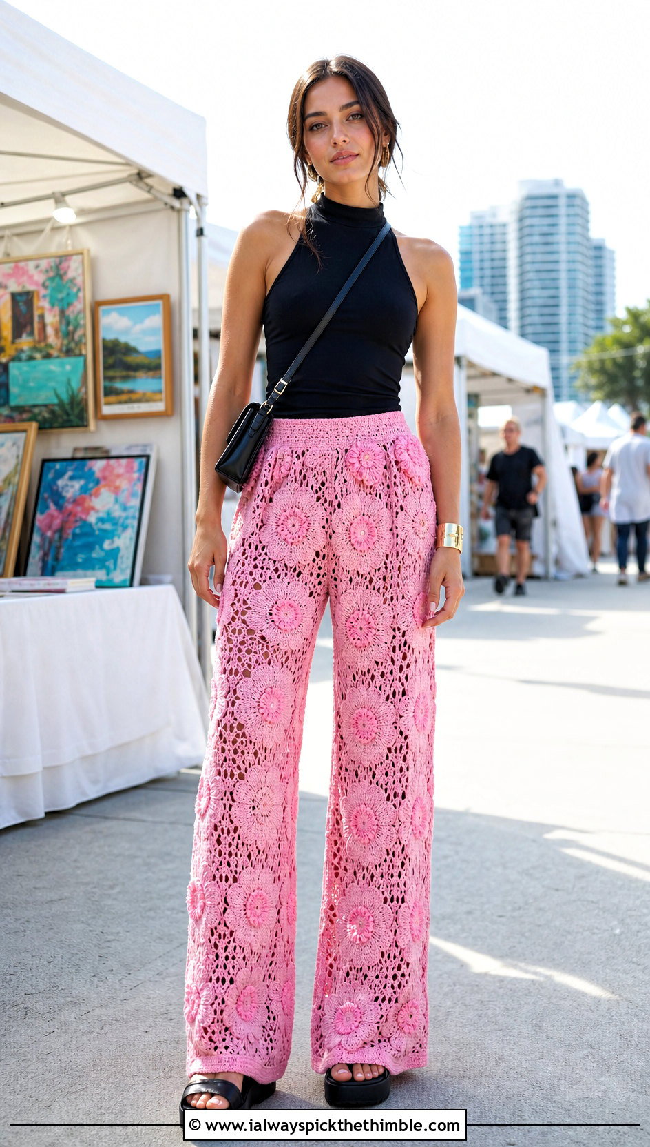 Floral Crochet Palazzo Pants With Black Tank Top - 20 crochet palazzo pants outfit ideas