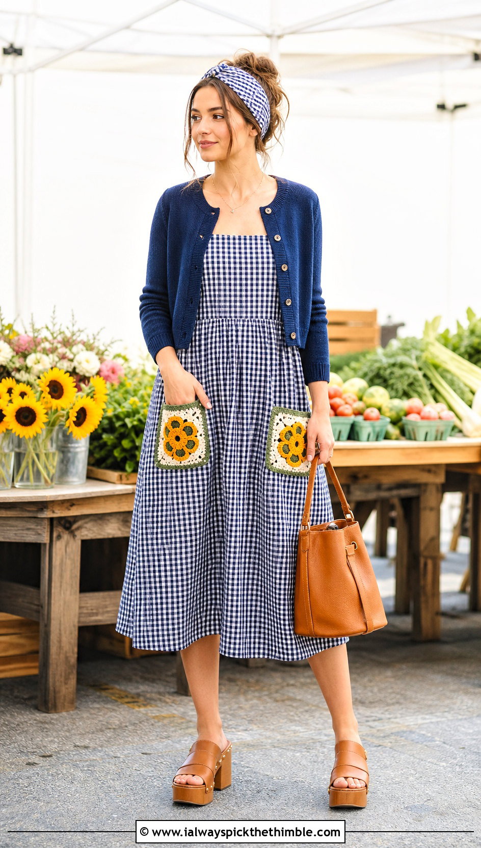 Floral Crochet Pocket Gingham Dress With Clogs - 20 fabric and crochet dress outfit ideas