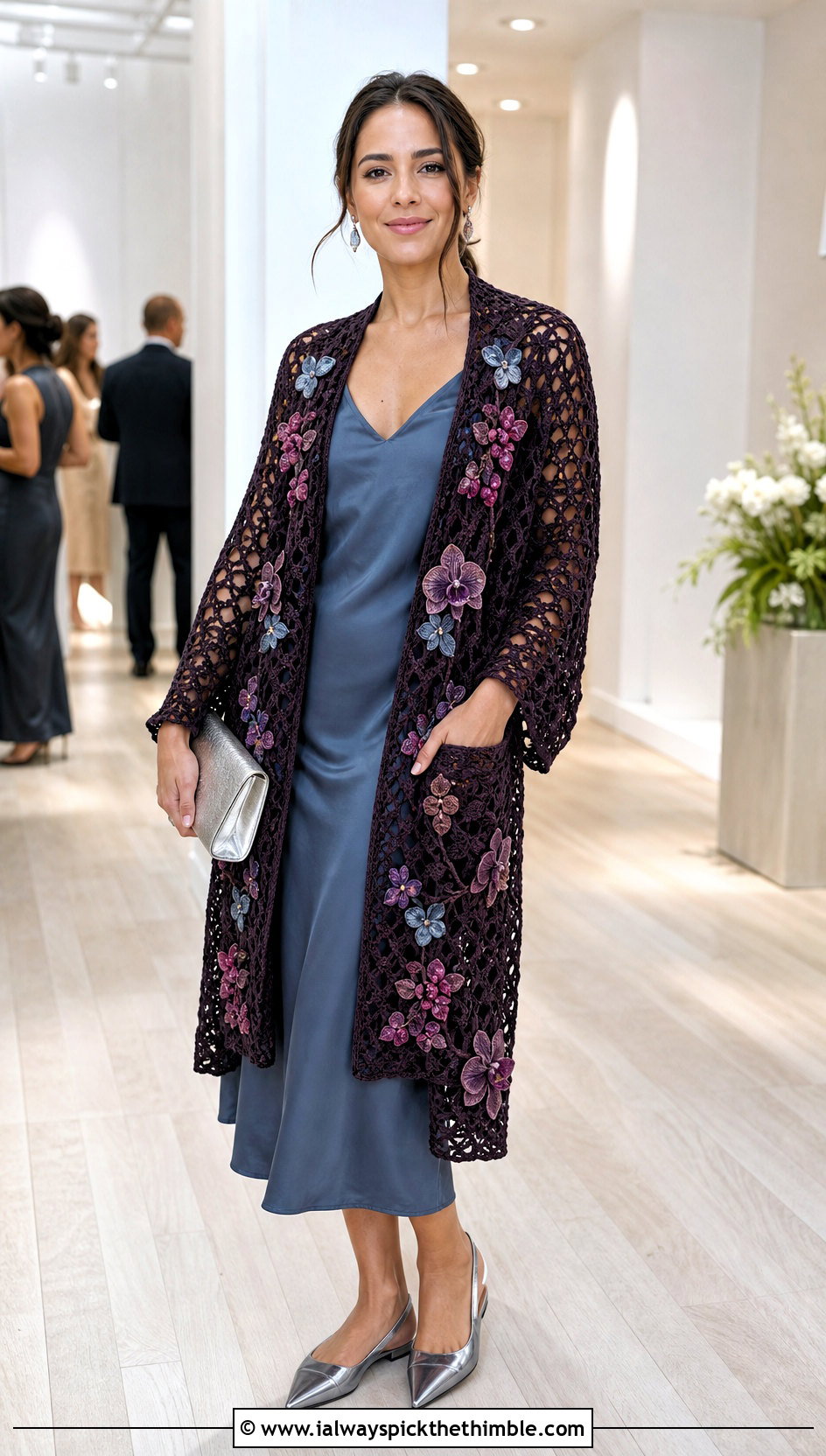 Floral Crochet Pocket Wrap With Slip Dress - 15 Crochet Shawls And Wraps With Pockets outfit ideas
